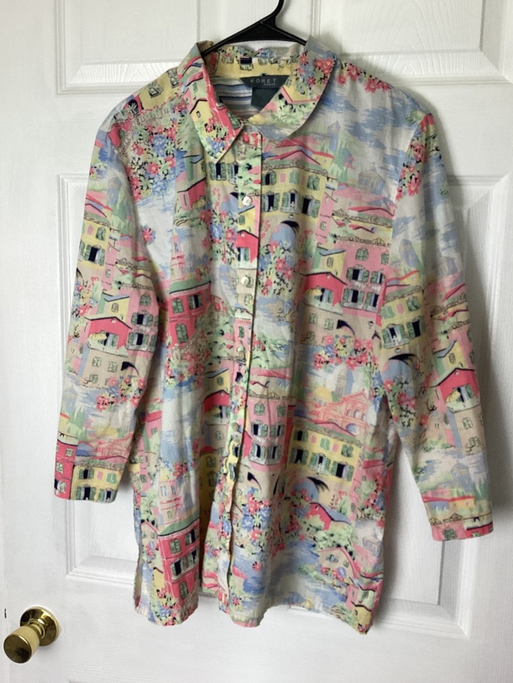 Vintage Koret City Blues Scenic Houses Print Button Down Blouse Size 18W